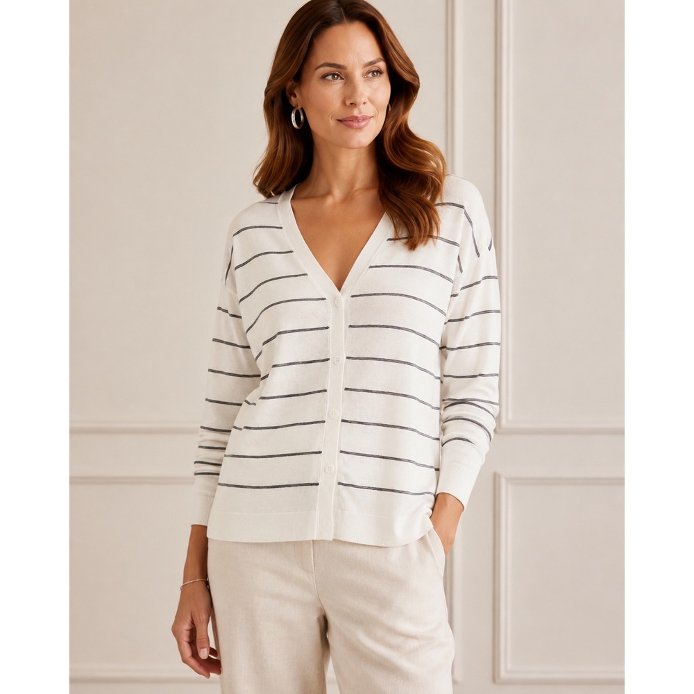 Eileen Fisher Womens White Navy Striped Tencel Cardigan Sweater Medium S19PDI
